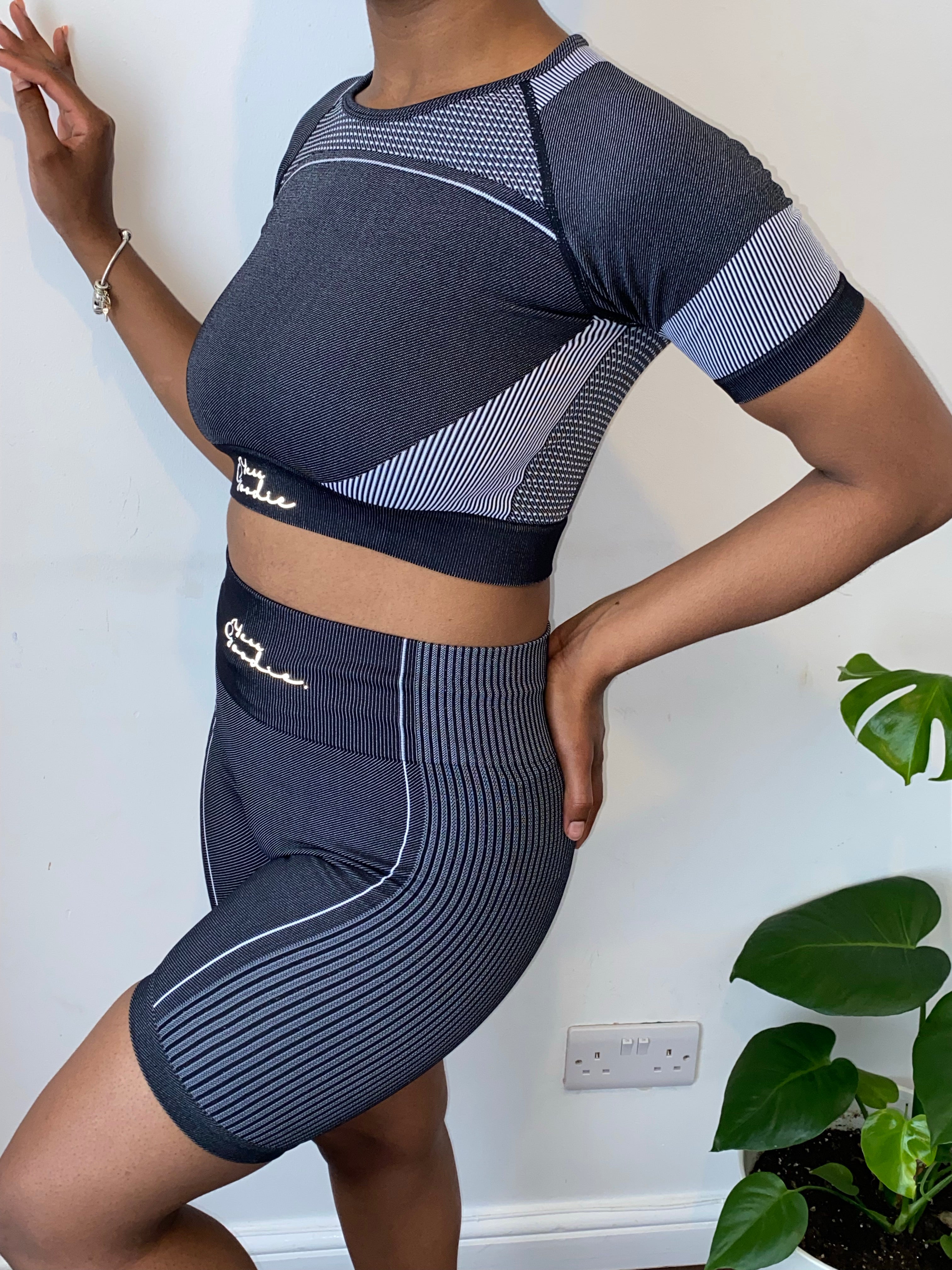 Striped Crop Top Cycling Shorts Set